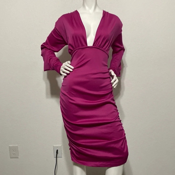 Hot Pink Long Sleeve Open V-Neck Ruched Bodycon Dress Size Large - Picture 1 of 5
